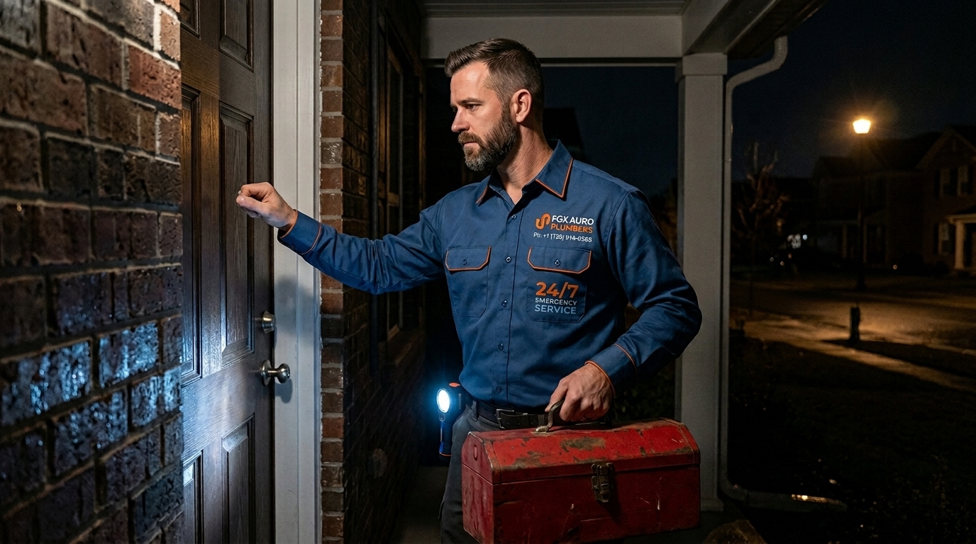 Fox Auro Plumbers licensed technician arriving for 24/7 emergency plumbing service visit in Aurora CO