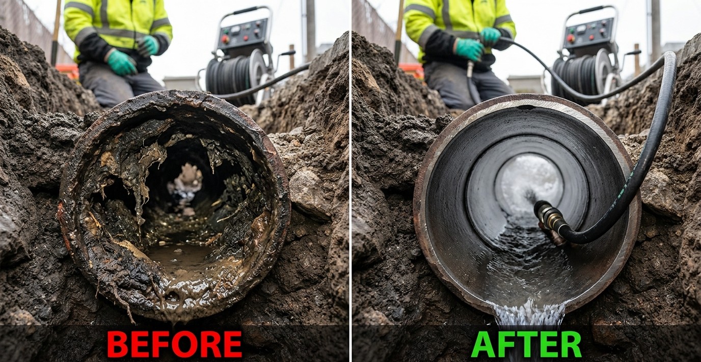 Before and after hydro jetting results — Fox Auro Plumbers Aurora CO sewer and drain line cleaning