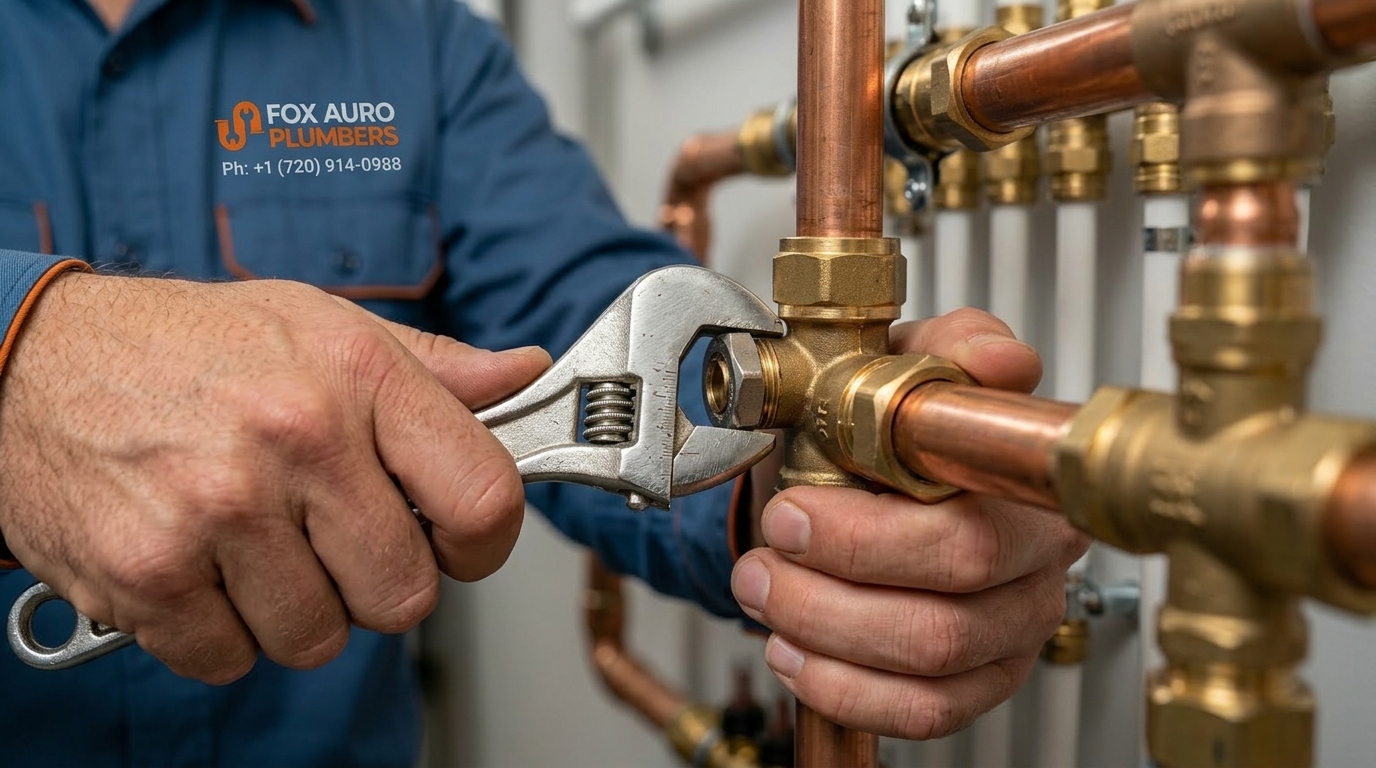 Fox Auro Plumbers technician performing precision copper pipe repair documented for Aurora CO emergency plumbing before and after records