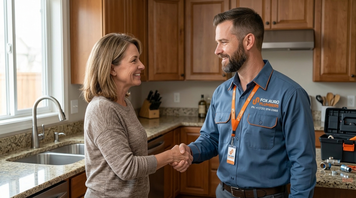 Fox Auro Plumbers trusted plumbing partner consulting with Aurora CO homeowner after emergency repair completion