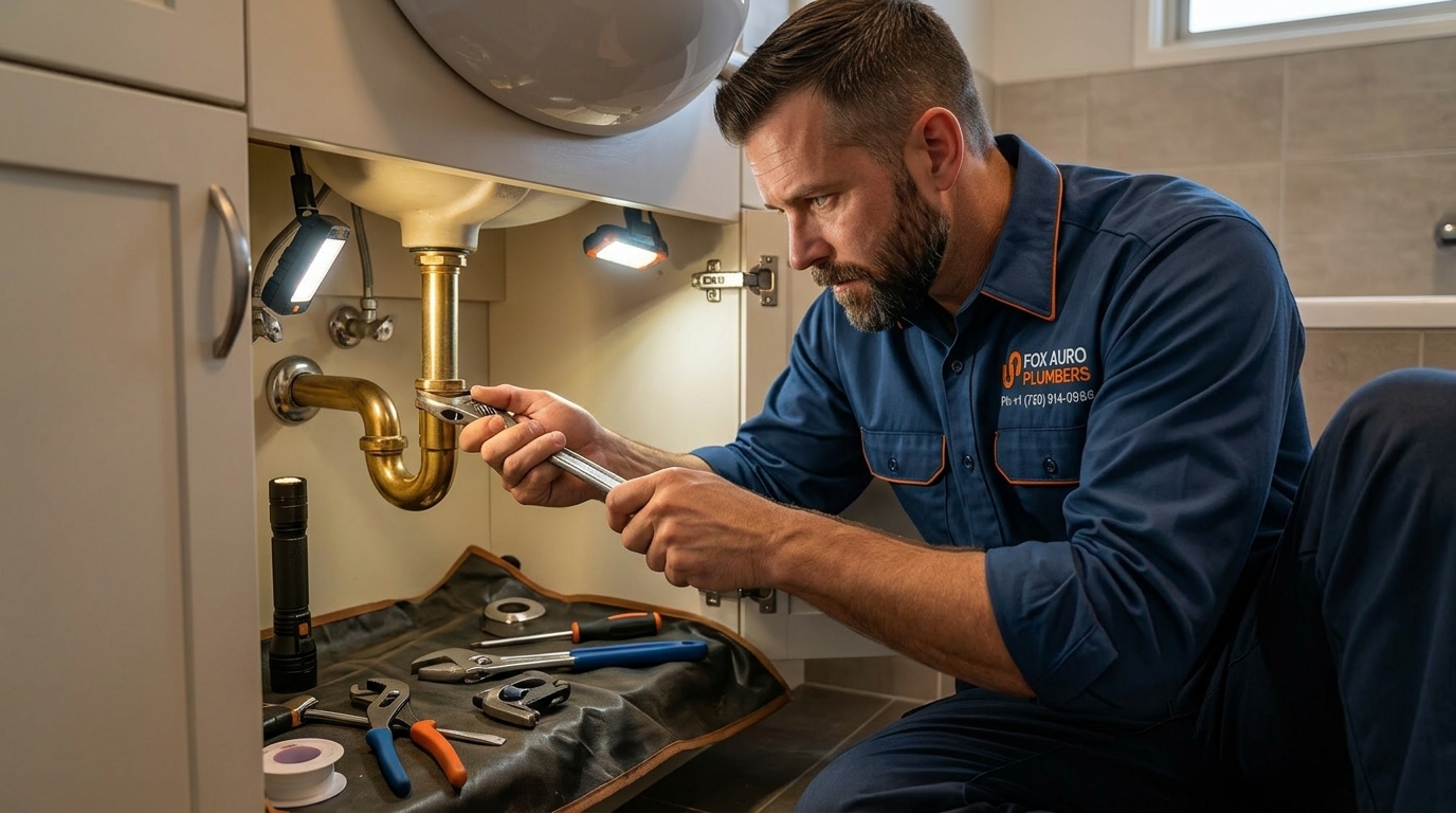 Fox Auro licensed plumber performing precision under-sink plumbing repair in Aurora CO home