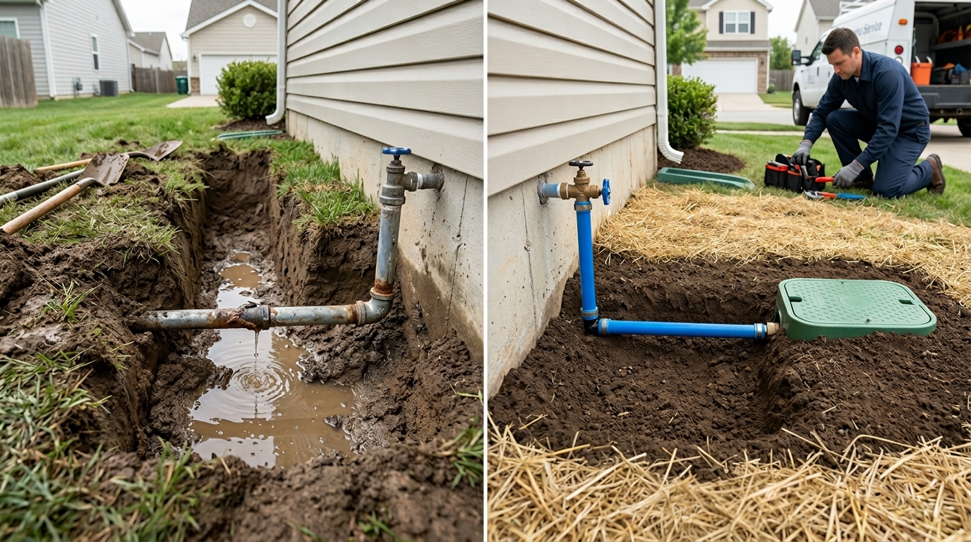 Water Line Repair and Replacement by Fox Auro Plumbers in Aurora CO — Before and After Main Water Line Service