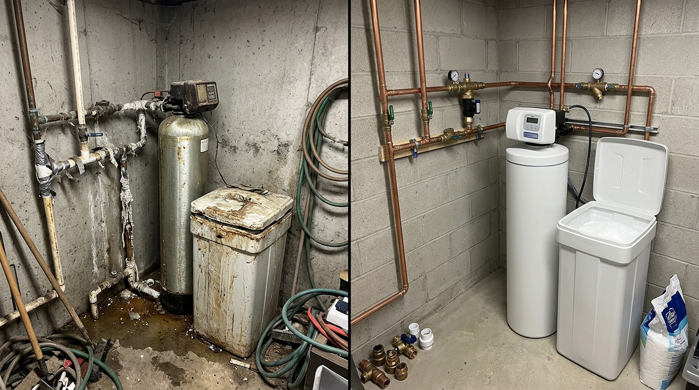 Water Softener Repair and Replacement by Fox Auro Plumbers in Aurora CO — Before and After Hard Water Treatment